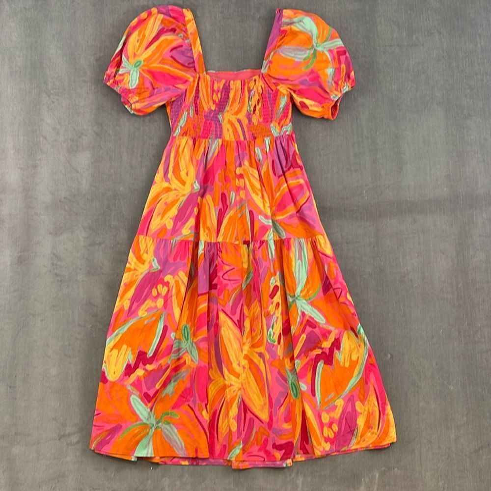 Crystal Sky Brush Pink Floral Tiered Puff Short Sleeve Cotton Midi Dress Size M - Picture 3 of 11